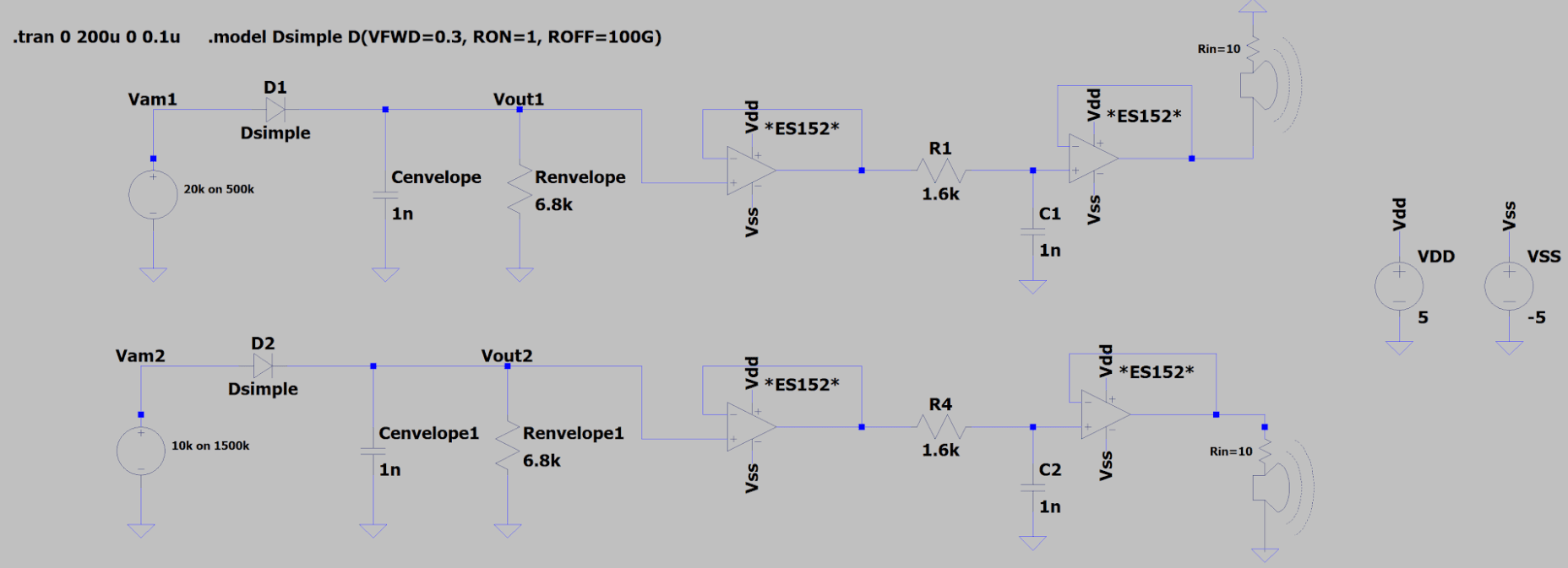 LTspice schematic of two receiver channels, each with a diode, a 1 nF capacitor and 6.8 kilohm resistor envelope detector, a buffer, a 1.6 kilohm and 1 nF low-pass filter, and a buffer driving a 10 ohm speaker.