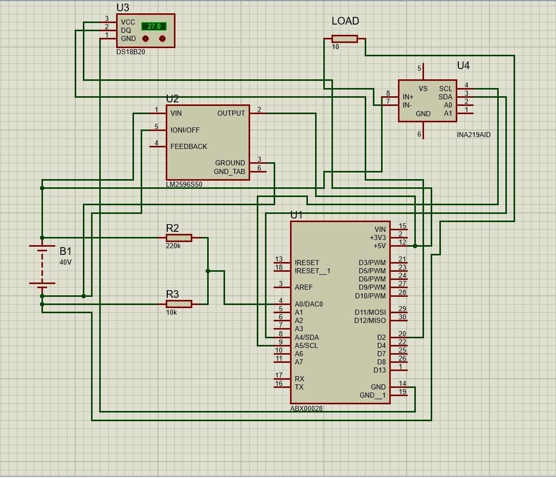 Proteus schematic of a 40 volt battery, an LM2596 5 volt buck regulator, an Arduino Nano Every, an INA219 current monitor in series with a 10 ohm load, a DS18B20 temperature sensor, and a 220 kilohm and 10 kilohm divider into analog input A0.