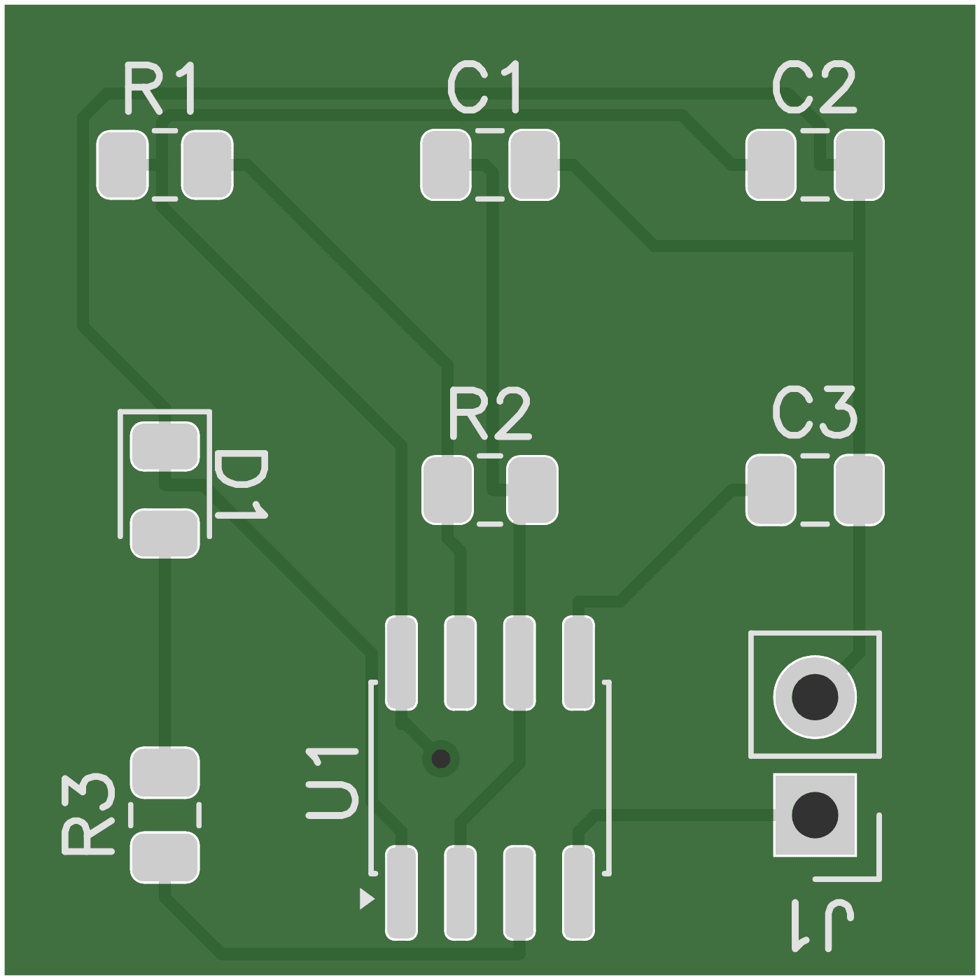 Rendered top side of a small green PCB with a 555 timer, passives, an LED and a two-pin header.